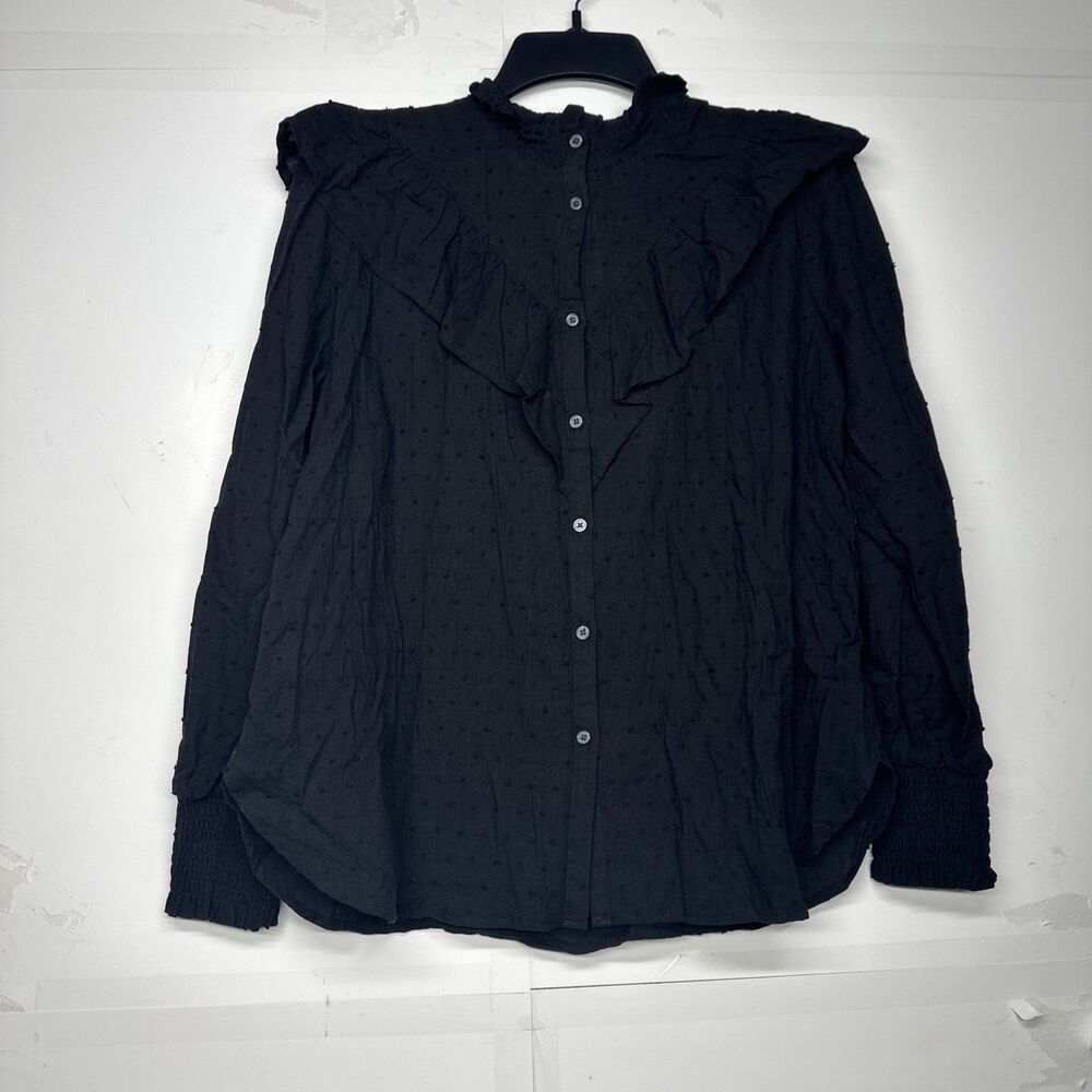 Loft Black Swiss Dot Ruffle Trim Long Balloon Sleeve Blouse Regencycore Size M